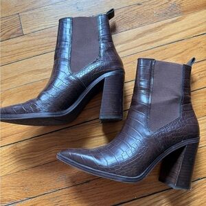 Steve Madden Dark Brown Croc-Embossed Block Heel Chelsea Boots